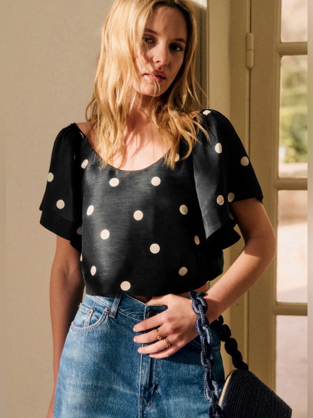 Sezane Curly Blouse NWT - Polka Dot Black & White - size 4